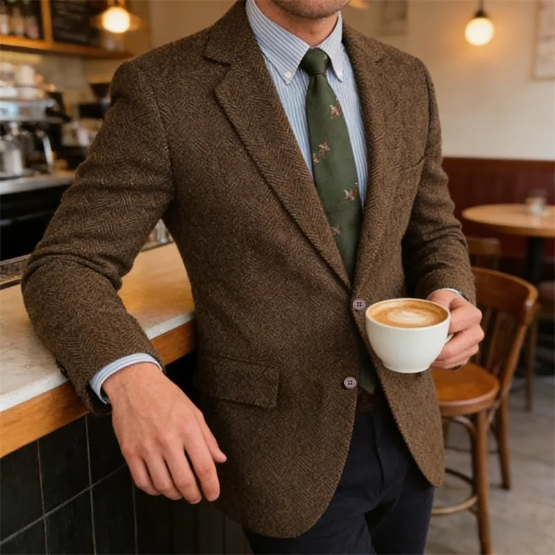 

2026 New Men's Vintage Herringbone Blazer Casual Business Suit Jacket British Style Formal Wedding Party Man Luxury Coat Winter