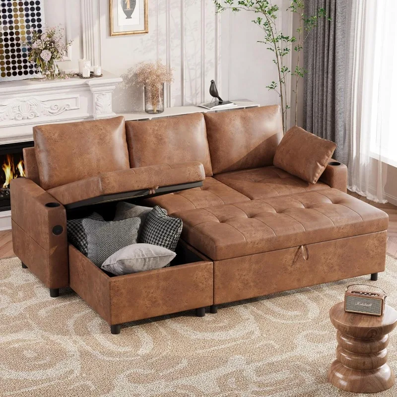 Sleeper Sofa Couch with Pullout Bed, Faux Leather Sofa Bed Pull Out Couch Bed Sofa Pull Out Couch with Storage, Sectional