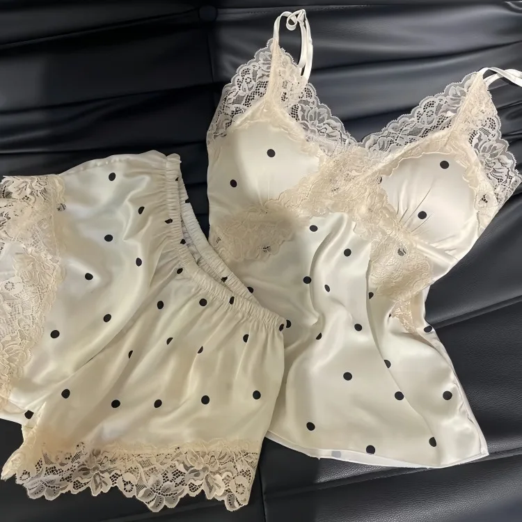 

Ladies pajamas summer thin ice silk suspenders shorts suit sweet dollar lace nightdress home clothes