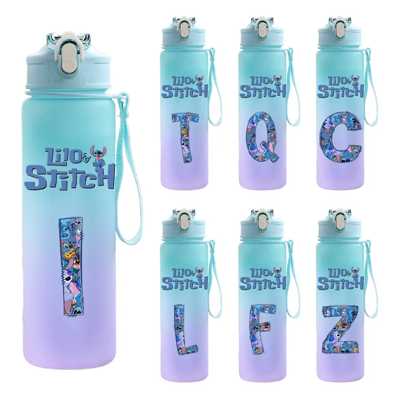 750Ml Disney Lilo Stitch Water Bottle Plastic Large Capacity Drinking Cup Gradient Color Straw Outdoor Sport Fitness Jug