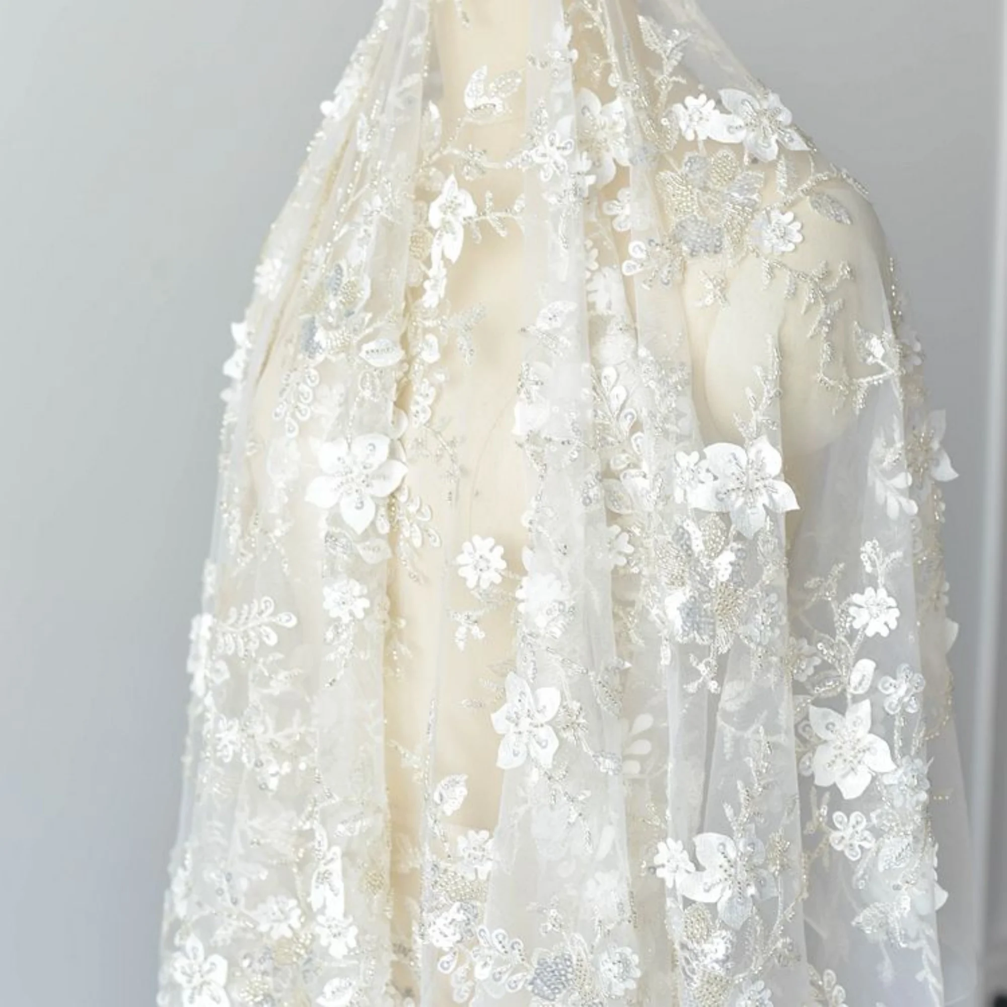 

0.5 yard Width 51.18 inches flower wedding lace fabric, heavy beaded lace,ivory lace,floral 3D lace fabric,tulle sequins fabric