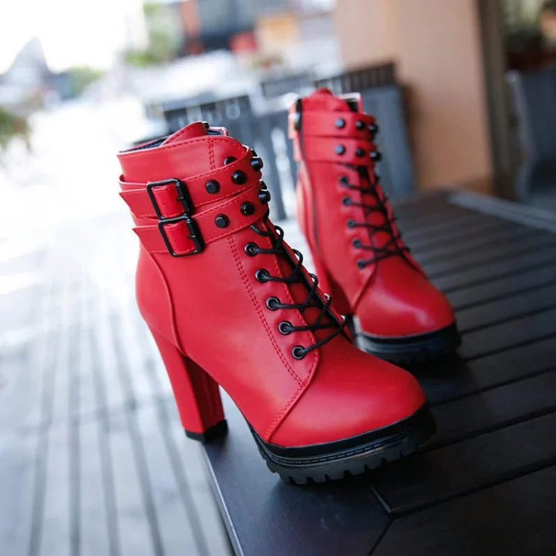 Women Platform Ankle Boots High Heels  2023 Winter Fashion Red Shoes Woman Round Toe Lace-Up Studded Leather Boots Ladies Shoe