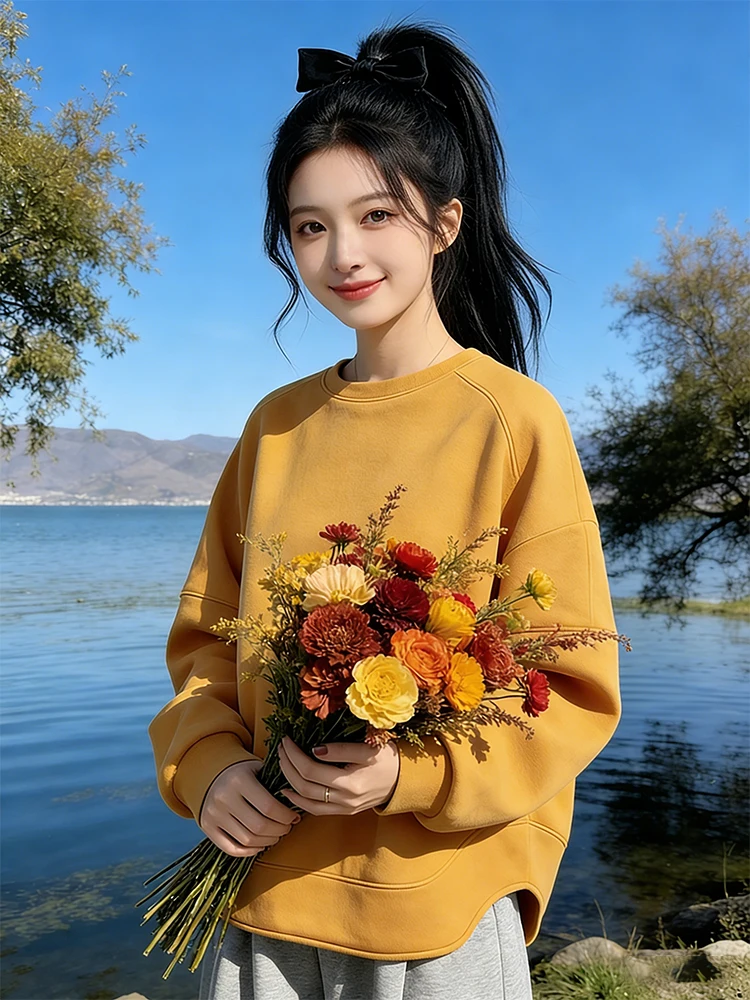 

Korean Sle Long Sve Hoodie Women's Spring New Faion Irregular Design Lazy Top Warmth round Ne Single Piece Color