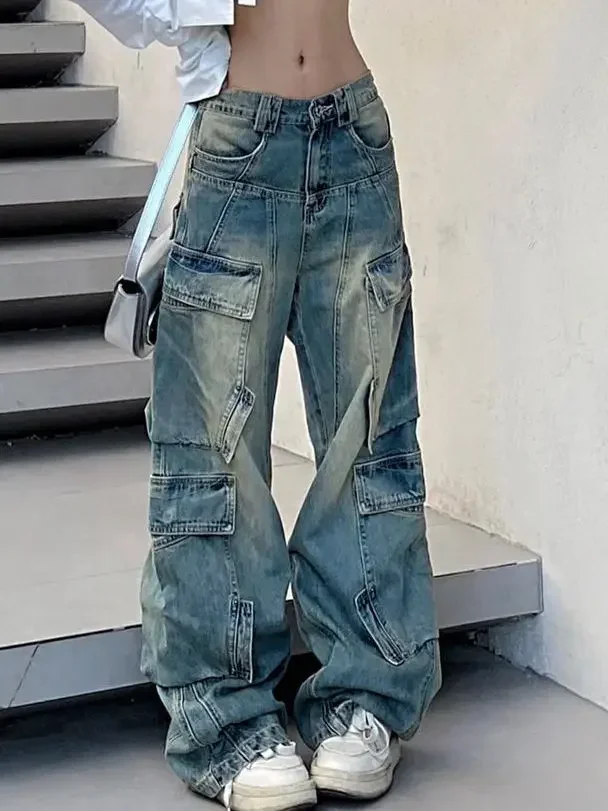 Techwear Multi Pocket Jeans Denim Pant blue jean trousers high waist y2k pants harajuku bf boyfriend loose straight plus size