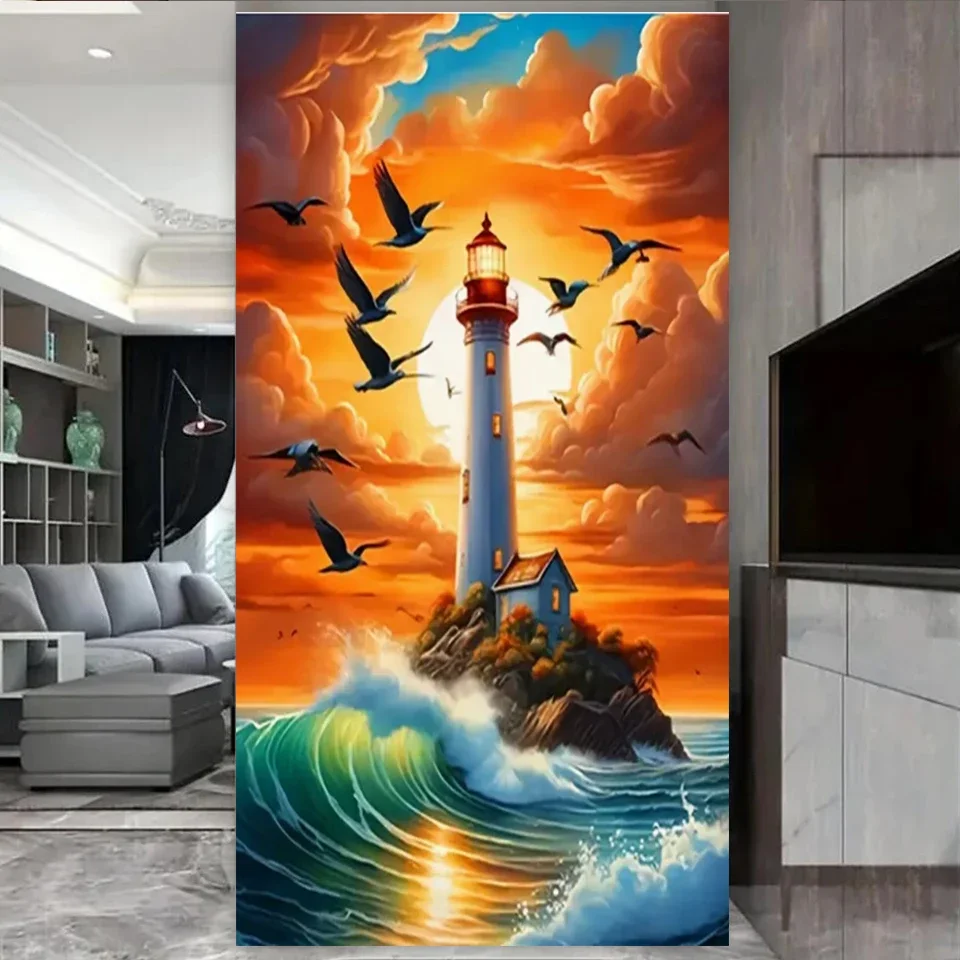 

Sunset Lighthouse Landscape,Seabirds Waves Large Diy Diamond painting New Full square Round Drill mosaic picture Large Size Art