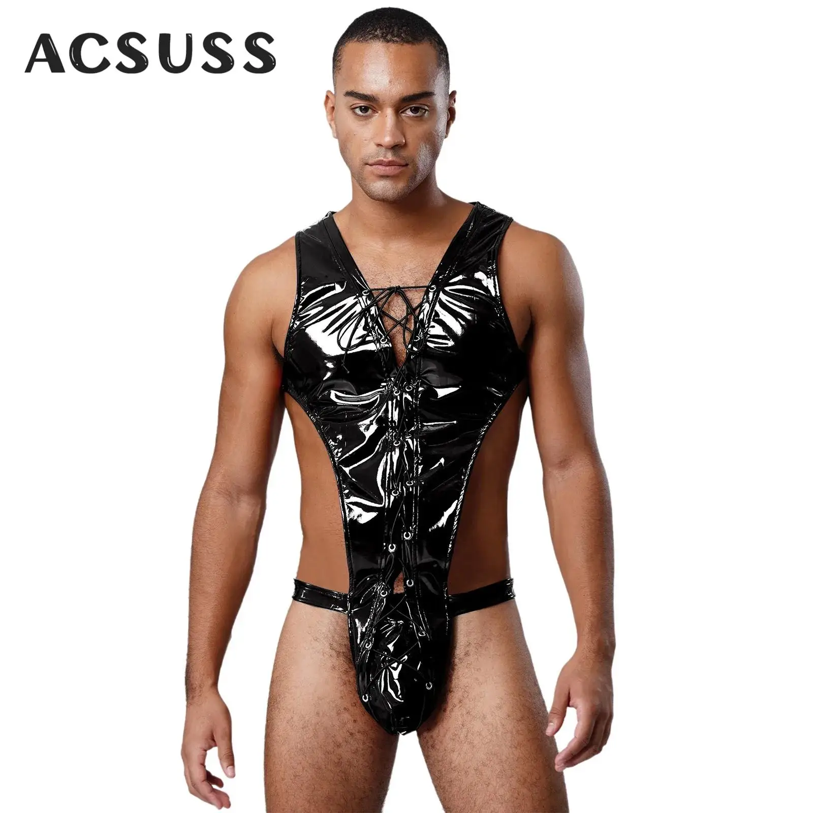 

Мужской комбинезон из искусственной кожи, латексное нижнее белье без рукавов, ажурный чехол на шнуровке, стринги, боди, комбинезон, одежда для рейв-вечеринки, ночного клуба