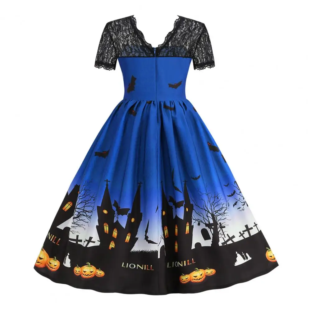 Women Dress Lace Halloween with Bat Print Retro A-line Style Big Hem for Cosplay Evening