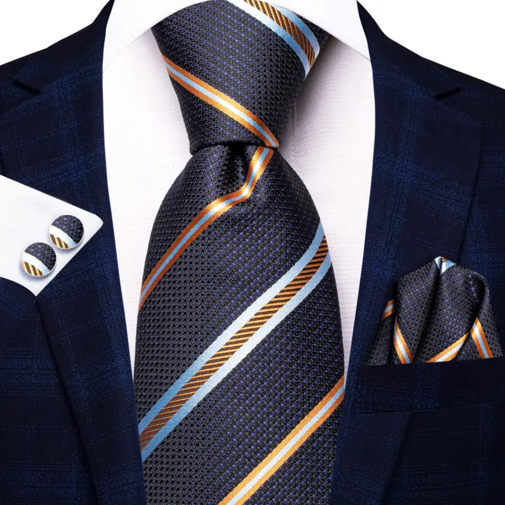 Hi-Tie Men Fashion Striped Navy Blue Necktie Handkerchief Cufflinks for Tuxedo Accessory Classic Silk Luxury Tie for Man Gift