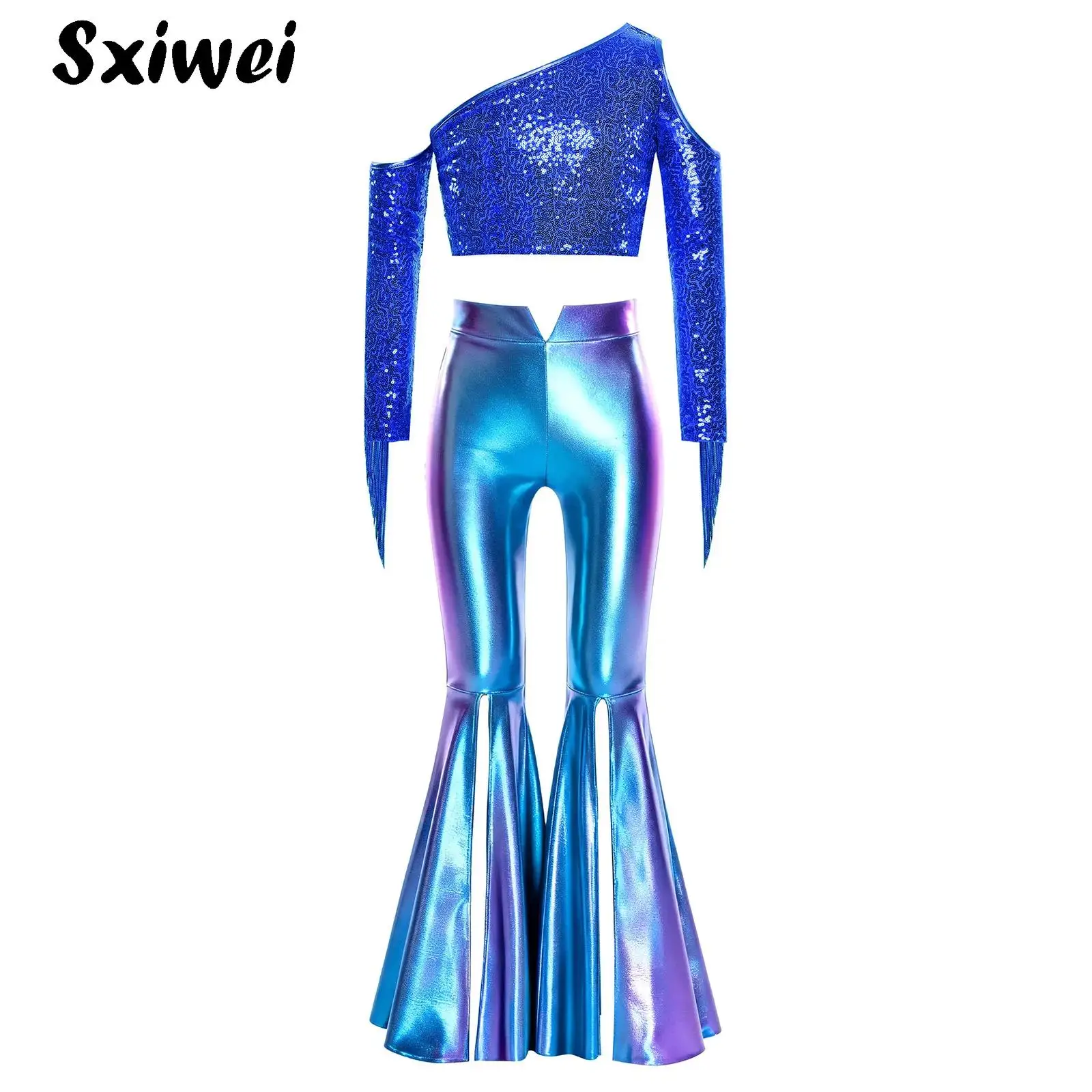 

Shiny Halloween 70s Disco Hippie Costume Outfits for Kid Girls One Shoulder Sequin Tassels Dance Crop Top with Bell-Bottom Pants