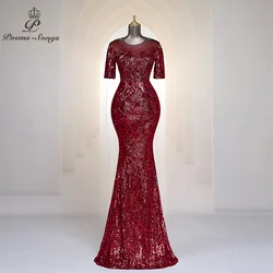 Burgundy Sequins Long Evening Dress With 34 Long Sleeves Sheer Jewel Neck Mermaid Floor Length Prom Dresses Party