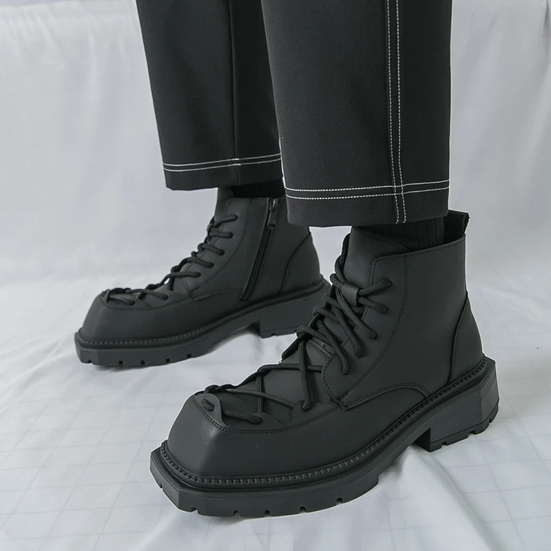

Классические кожаные мужские ботинки в уличном стиле с квадратным носком и толстой подошвой, противоскользящие, износостойкие повседневные ботинки, качественные мотоциклетные ботинки
