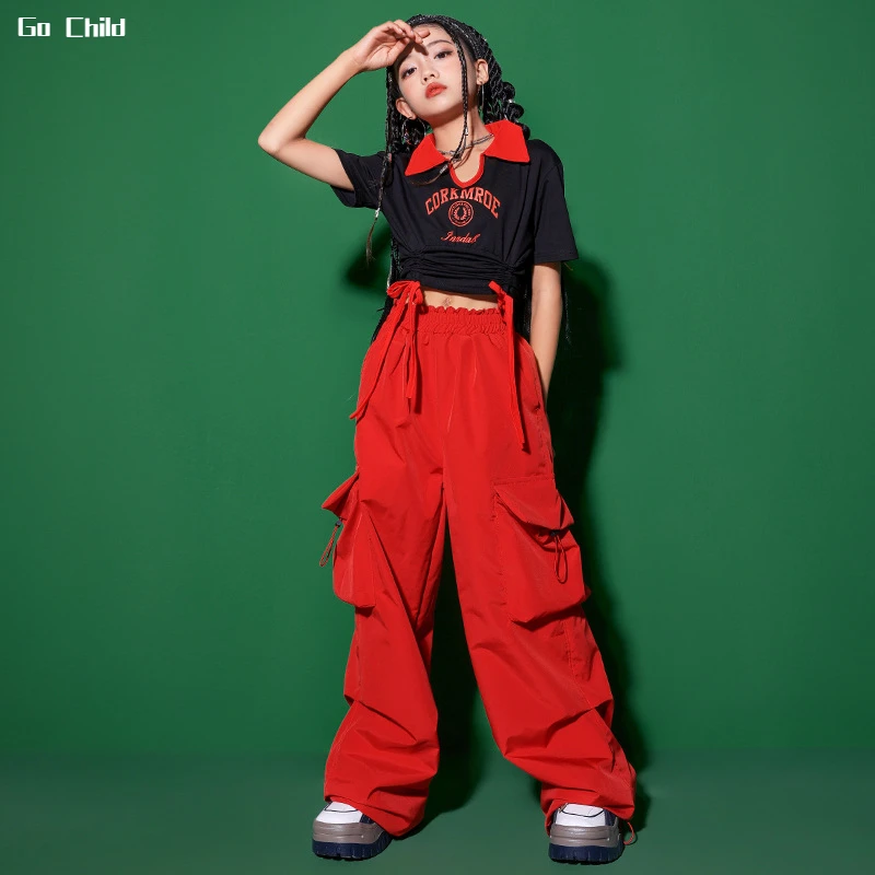Girls Hip Hop Crop Top Red Cargo Baggy Pants Child Polo Shirt Street Dance Loose Jogger Clothes Set Kids Streetwear Teen T-shirt