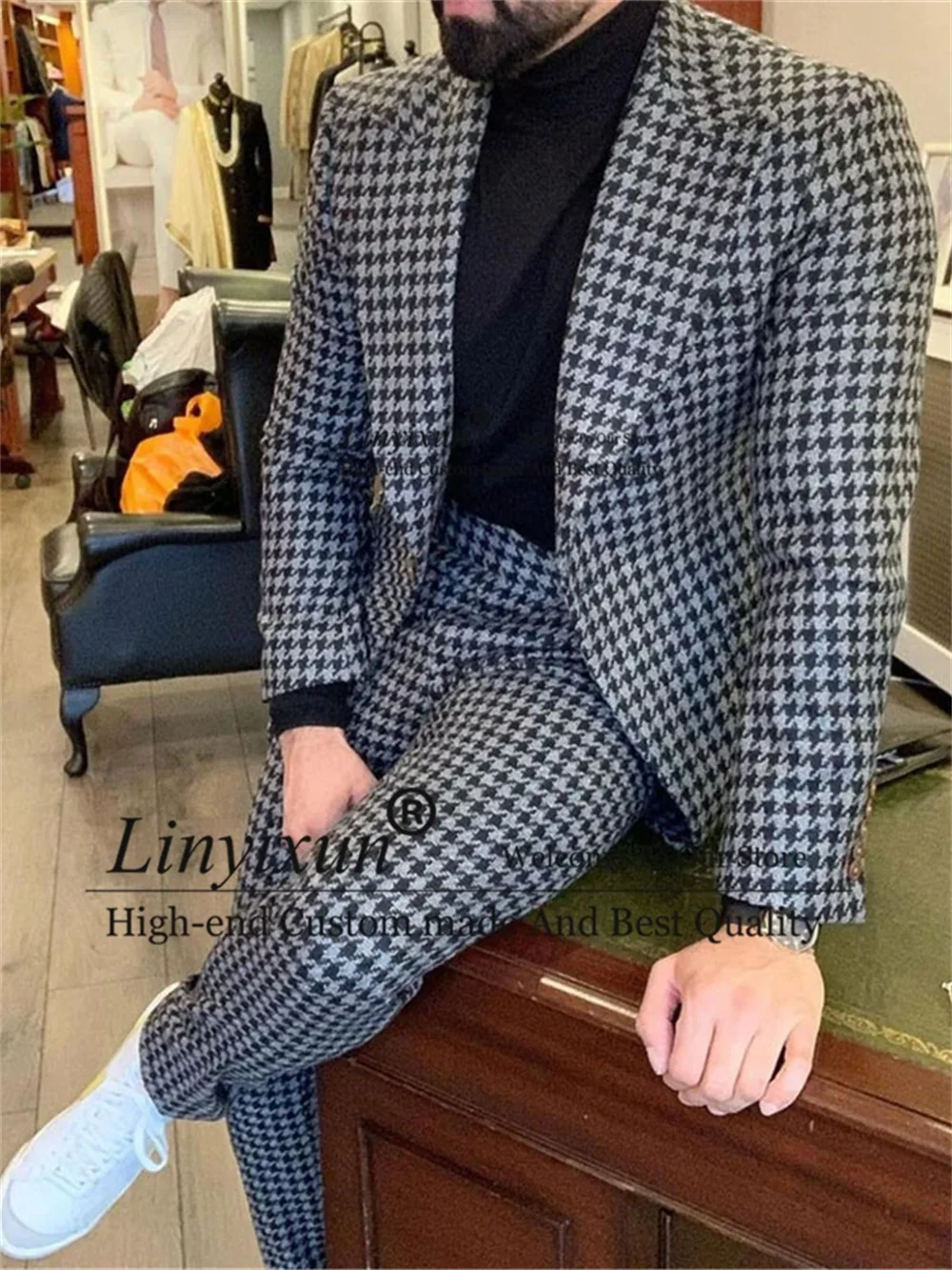 2 Piece Houndstooth Mens Suit Casual Business Slim Fit Blazer Male Winter Prom Groom Wear Tuxedo Set Terno Masculino Jacket+Pant