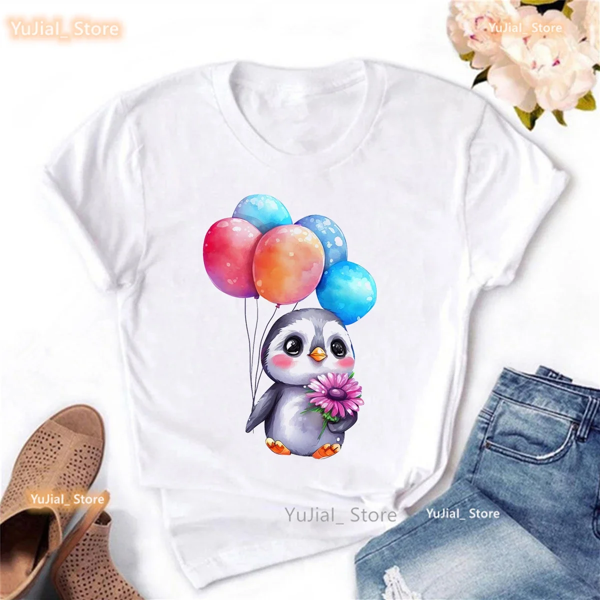 

Cute Penguin Animal Print T Shirt Girls Funny White Casual Tshirt Women Harajuku Kawaii Clothes Summer Tops Tee Shirt