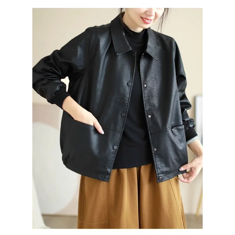 

Свободная повседневная кожаная куртка с короткими лацканами в корейском стиле, универсальный мотоцикл