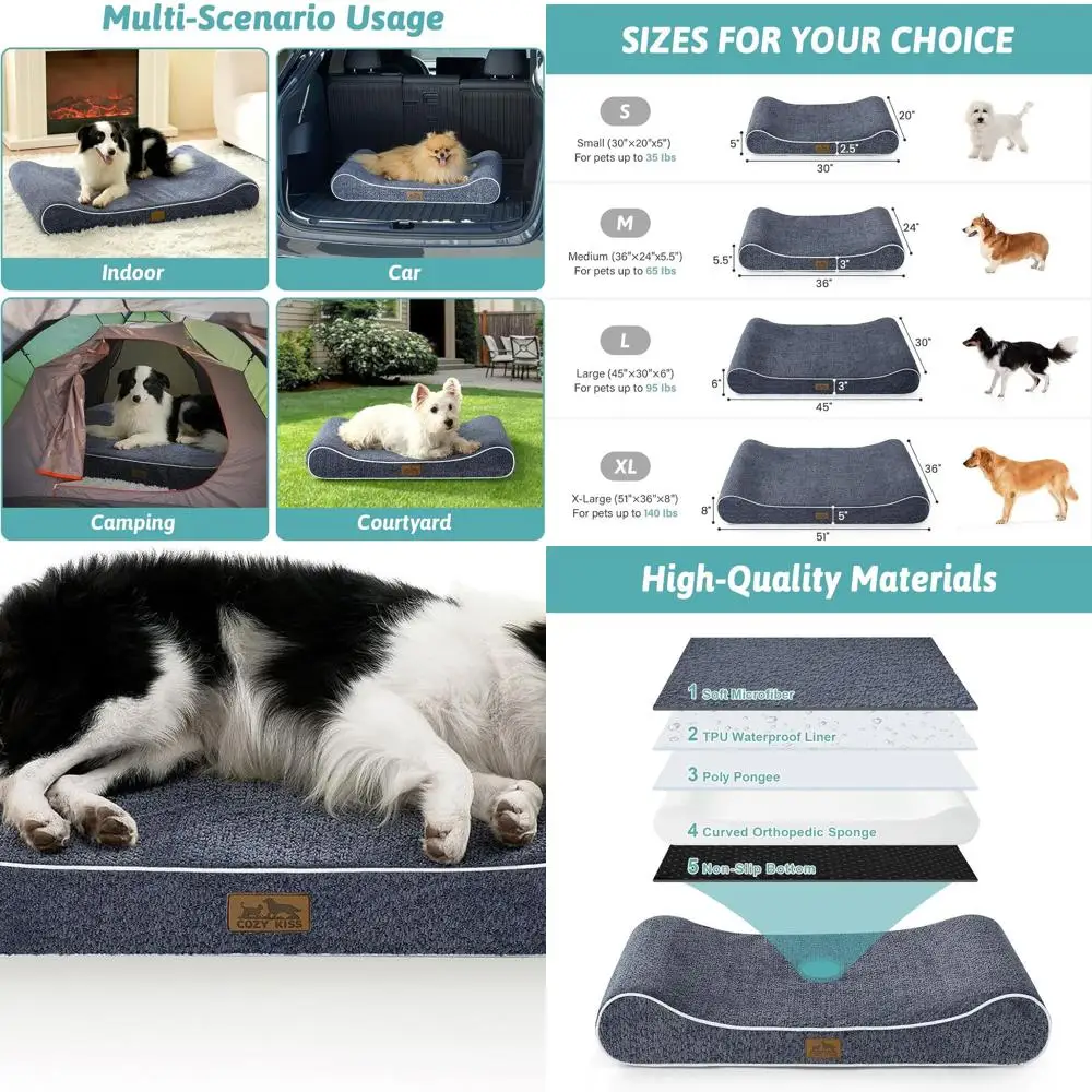 

Large Dog Orthopedic Bed - Waterproof, Removable Cover, Non-Skid, L(45x30x6in), Blue