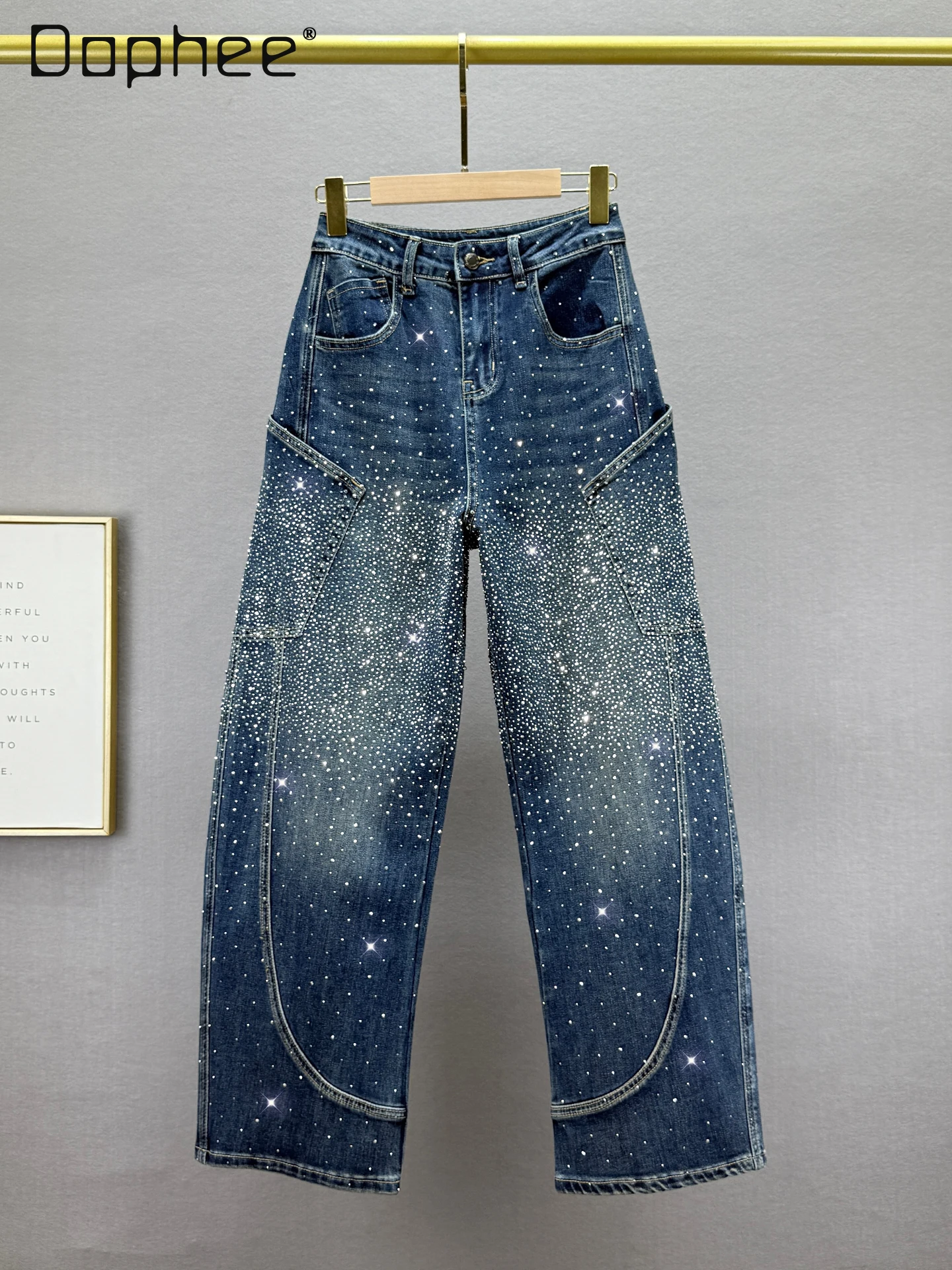 

Cotton Stretch Rhinestone Jeans for Women 2025 Autumn New High Waist Loose Three-Dimensional Cut European Style Pants Trendy