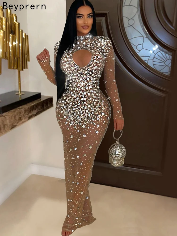 Beyprern Beautiful Brown Cut-Out Long Sleeve Crystal Mesh Sheer Evening Dress Glam See-Through Diamonds Party Dresses Outfits