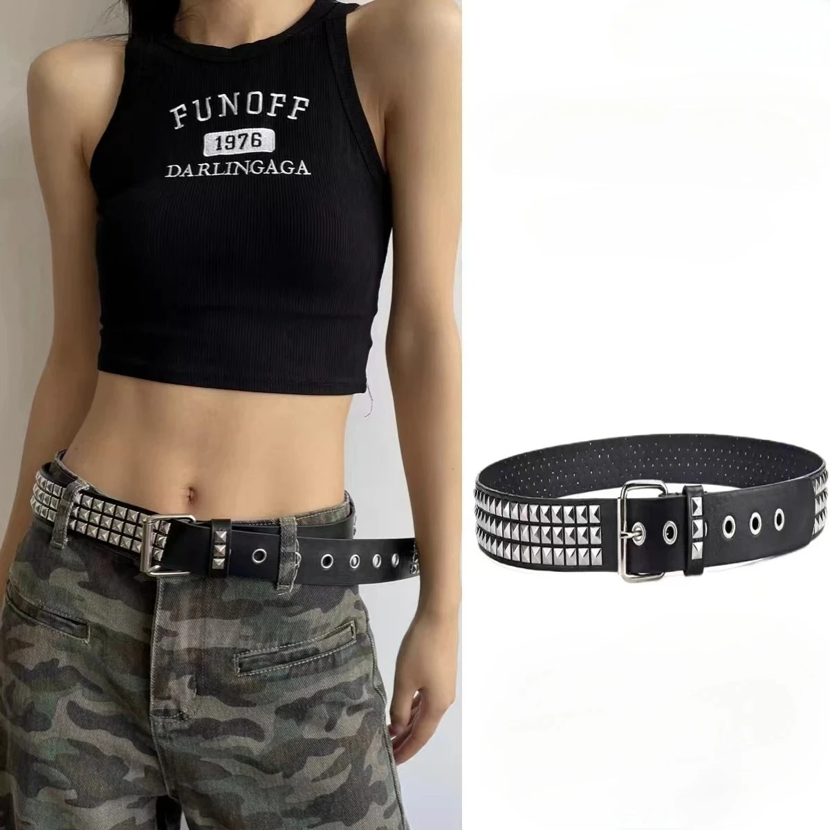 2 Pack Unisex Punk Rock Pyramid-Studded Rivet Belt - Sleek Black with Grommets and Bright Metal Detailing - Fashion Accessories