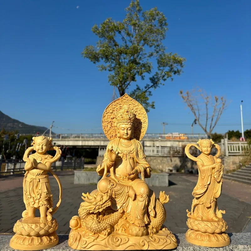 Hand-Carved Hinoki Wood Golden Boy & Jade Girl Statue - 6/8/12 inch Wealth Boy Girl Sculpture Home Decor Wedding Gift Wooden