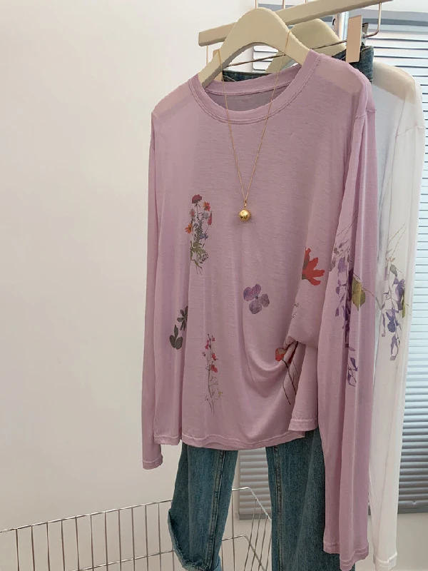 

plus Size Summer Long Sleeve T-Shirt Women's Loose Casual Lazy Style Sun Protection Shirt Thin Veil Top Cotton Plant Floral