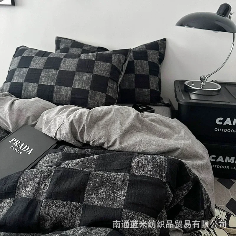 Bed Linen Duvet Cover Sheets Chessboard Washed Brushed Finish Home Four-piece Set Dormitory Three-piece Set