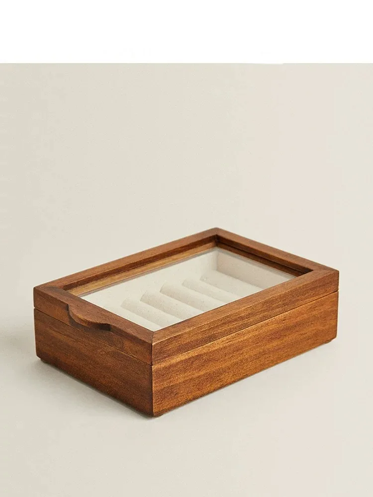 صندوق مجوهرات تخزين خشبي من الخشب الصلب صندوق مجوهرات عتيق خاتم كتان مقاوم للغبار