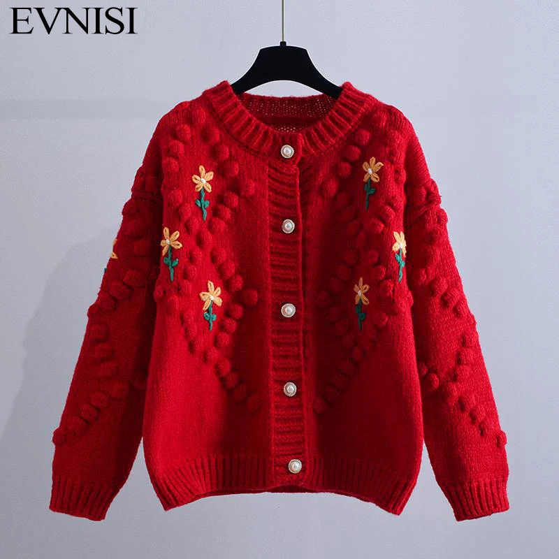 

EVNISI Elegant Flower Embroidery Women Sweater Cardigan O-Neck Knitting Long Sleeve Jumpers Single Breasting Women Loose Sweater