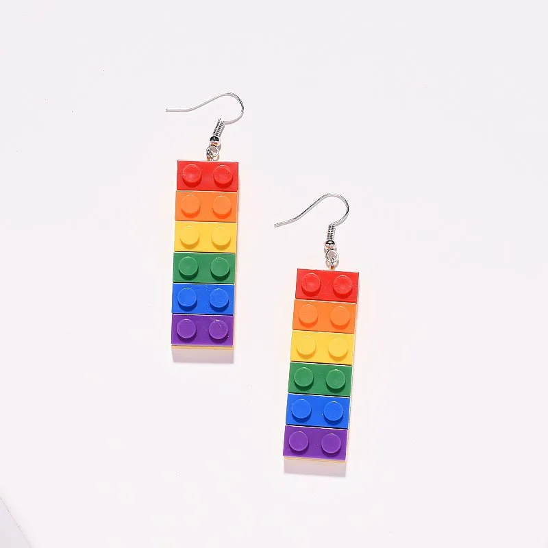 Cross Border Fashion Fun Popular Rainbow Building Block Earrings Minimalist Personalized Womens Streetwear Dangle Jewelry