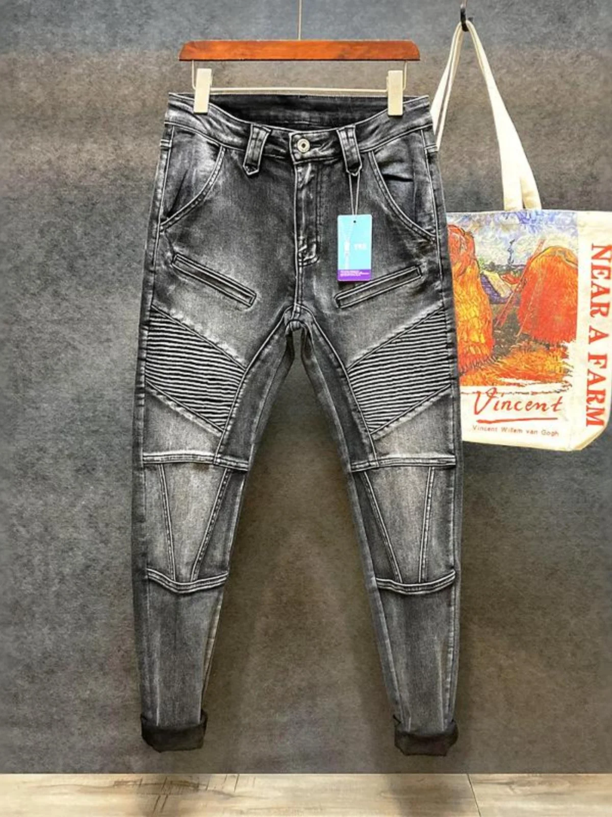 

Молодежные мужские облегающие джинсы, повседневные мотоциклетные брюки с завышенной талией, элитные повседневные брюки из хлопка, эластичный джинс