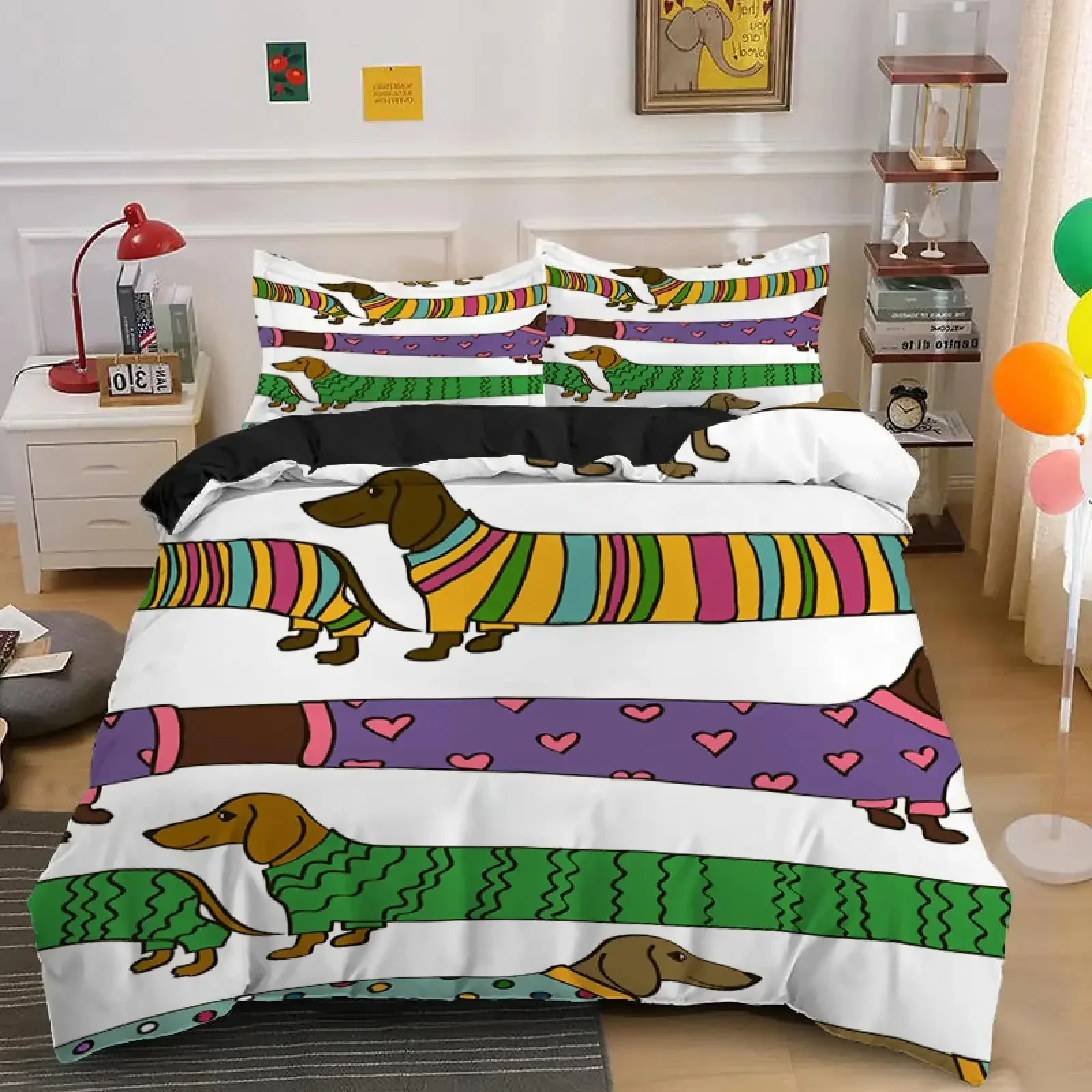 Dachshund Duvet Cover Set Cartoon Style Dachshunds King Size Bedding Set for Dog Lovers Boys Teens 2/3pcs Twin Comforter Cover