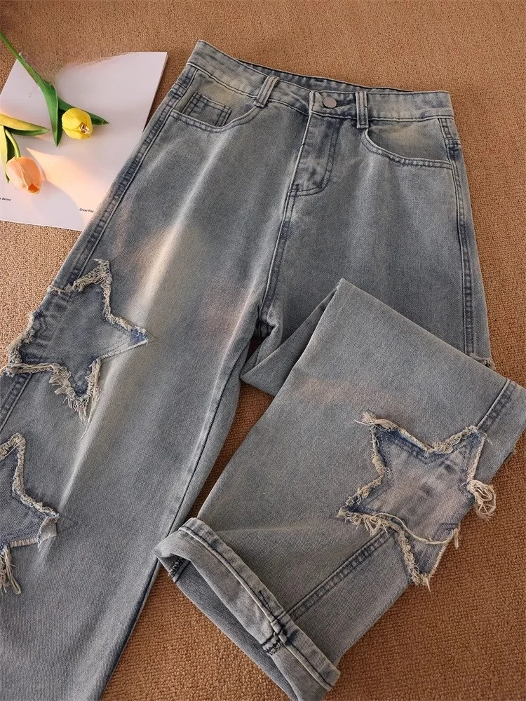 

Мужские джинсы American High Street Star с вышивкой, весенняя новинка, повседневные, свободные, прямые, широкие, молодежный тренд