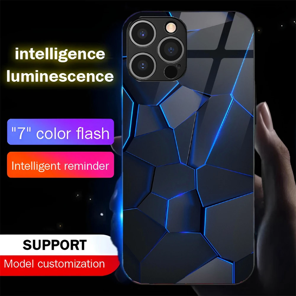 

Luxury Geometry Luminous Phone Case LED Light Glass Shockproof Cover For iPhone 16 E 15 14 13 12 11 Pro Max Mini SE