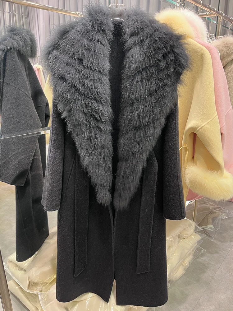 Winter Real Natural Fox Fur Collar Fur Strip Sewed Toghter Coat Cashmere Wool Jacket Woolen Ladies Women Outwear Female Coat