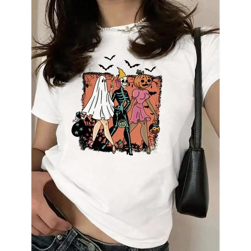 

Halloween Graphic Tee – Spooky Ghost, Skeleton, and Pumpkin Design – Trendy Women’s Casual Shirt