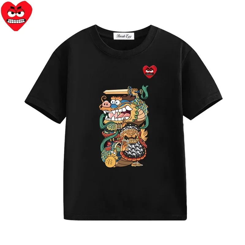 Dragon Printing Boy Girl T-shirt Cotton Cartoon Snag Heart Embroidery O-neck Short-sleeved Kid Straight Summer T-shirt