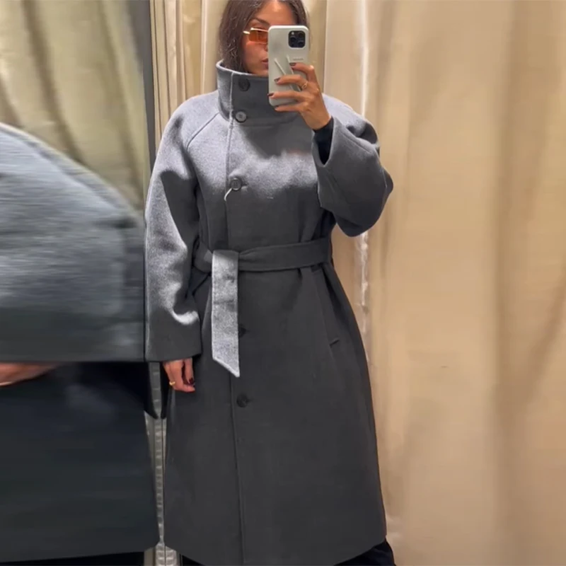 Women's Elegant Long Woolen Coat Chic Casual Stand Collar Lace-up High Quality Overcoat 2025 Winter Daily Commuting Outerwear