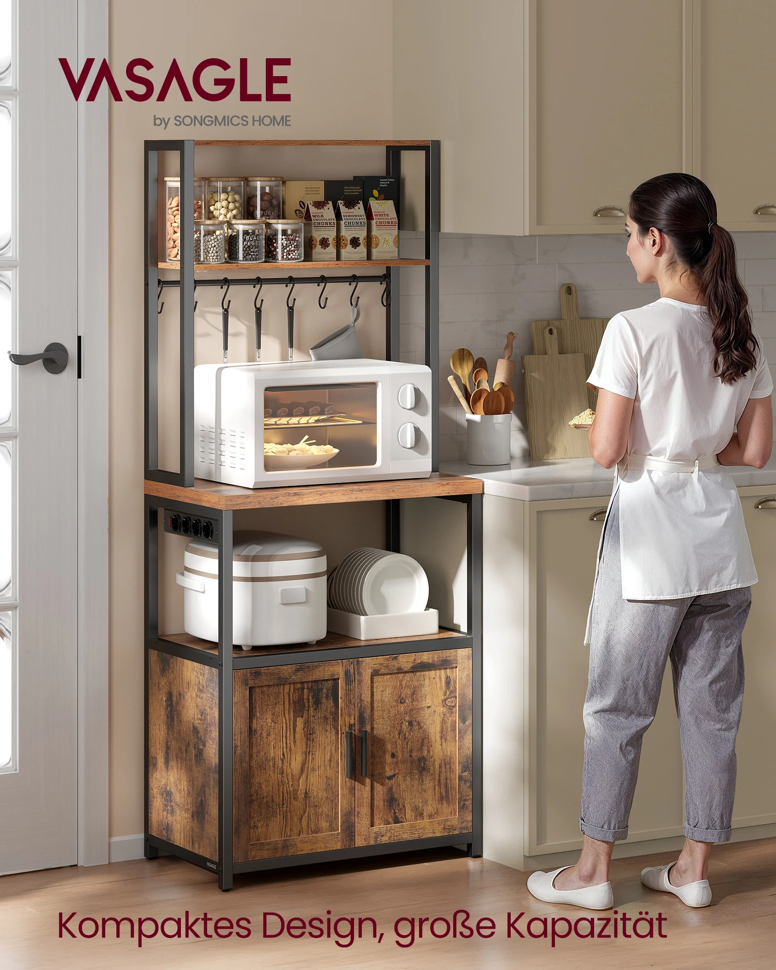 Keukenrek met stopcontacten, Keukengarderobe, 90 cm hoog Werkbord, 8 haken Staande plank, Vinta-gebrouwen matzwart