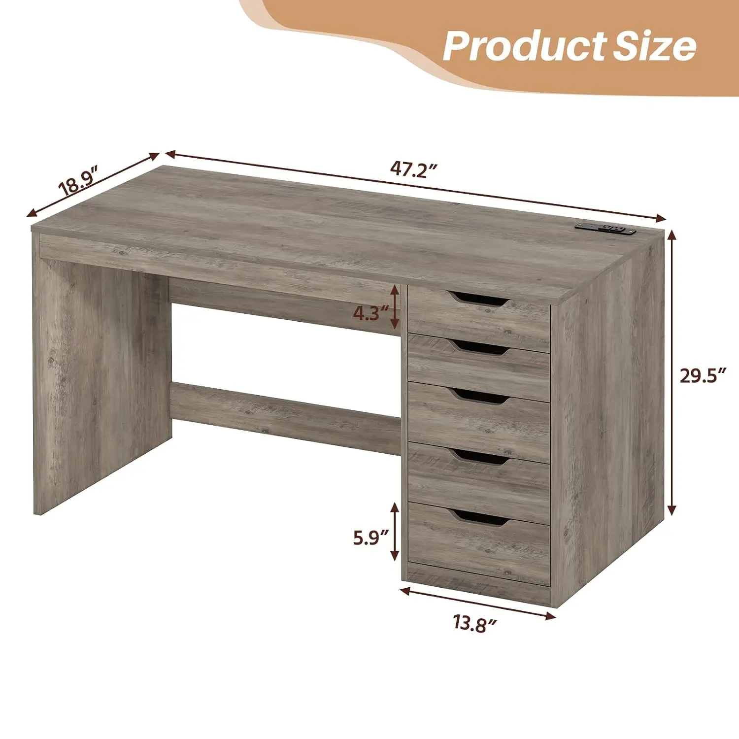 47 Inch Computer Desk with 5 Drawers and Power Outlets for Small Spaces | Home Office Desks with Storage File, Customized