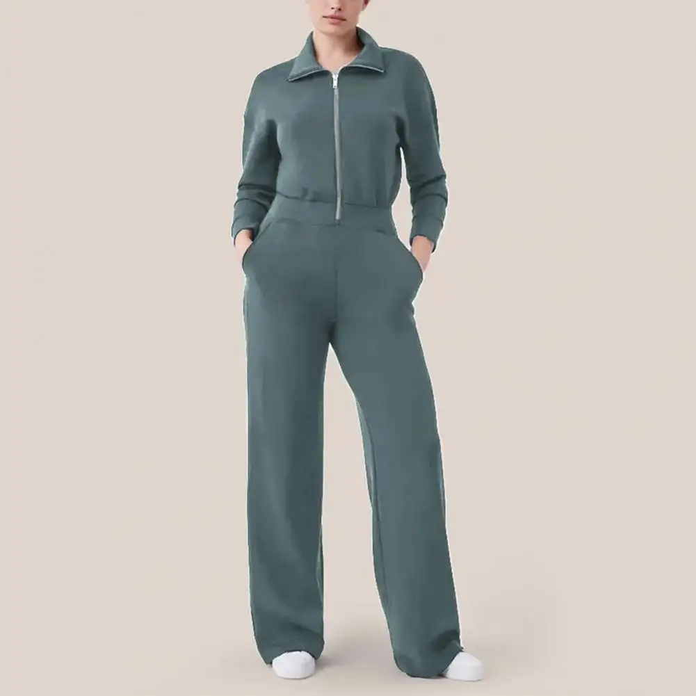 Jumpsuit kaki lebar, Jumpsuit nyaman ritsleting kerah untuk wanita warna Solid lengan tanggung kaki lebar dengan saku musim gugur musim dingin