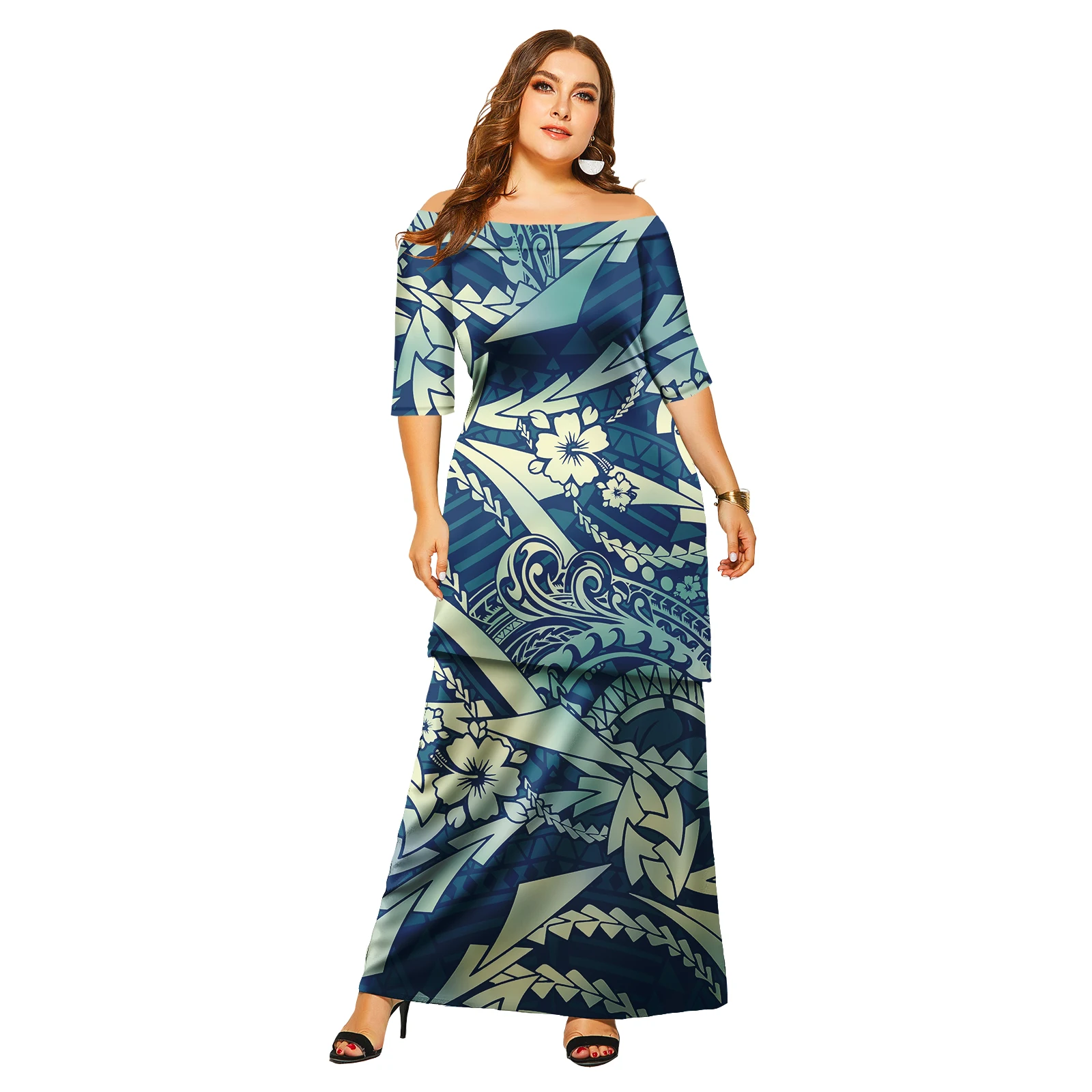 

Casual long sleeve plus size women's unique Polynesian Puletasi Samoast dress polyester spandex one-shoulder dress wholesale