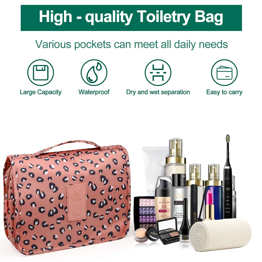 1PC Pink Leopard Toiletry Bag for Traveling Women,Makeup Bag with Zipper, Hanging Travel Toiletry Bag Cosmetic Bags