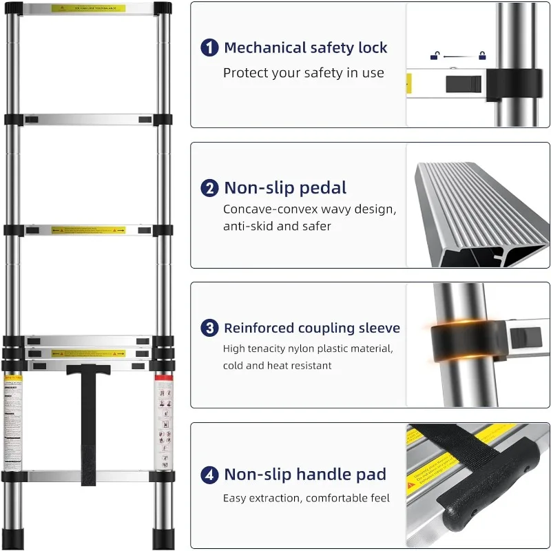 Échelle télescopique polyvalente en aluminium, échelle d'extension réglable, échelle compacte pour le ménage, montres, extérieur, 12,5 pieds