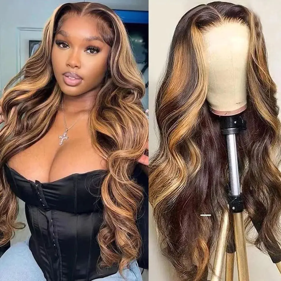 

Highlight Wig Human Hair Honey Blonde 4/27 Colored Lace Front Human Hair Wigs For Women Pre Plucked Body Wave Lace Frontal Wigs