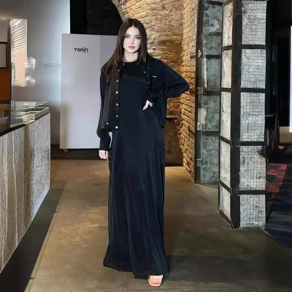

2025 Elegant Sleeveless Women's Dress Two Piece Sets Solid Color Dresses Long Sleeve Coat with Button Autumn Fashion Woman Wear