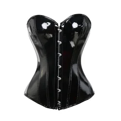 Sexy PVC Bustier Corset Black Shiny PU Leather Steampunk Corset BodyShaper Buckles Ladies Underwear Lingerie Overbust Corset Top