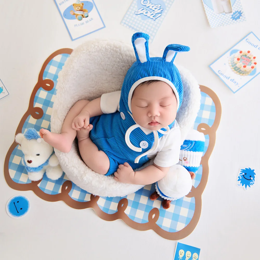 Newborn Photography Props Blue Bear Rabbit Costume Set Adorable Cartoon Animal Plush Decor+stickers Props for Baby Photo Studio