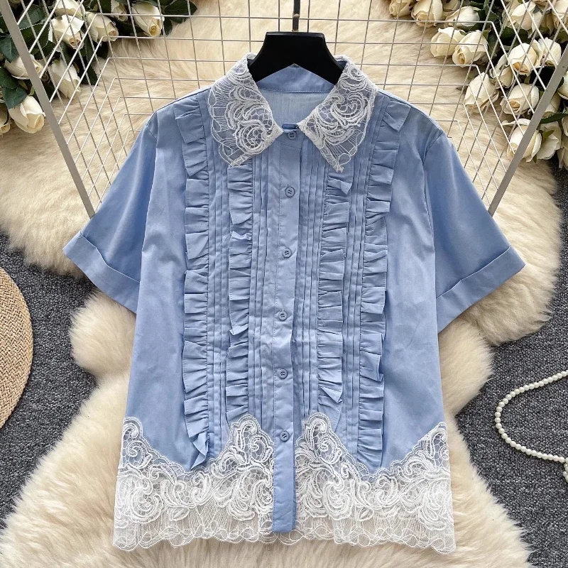 

Pop New Style Vertical Stripe Color Blocked Lace Short Sleeved Shirt Women Fashion 2025 Summer Casual Top Unique Chic Outfit
