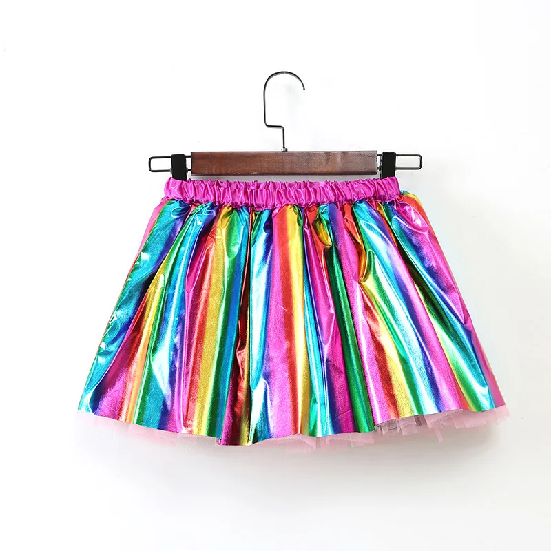 2022 new bronzing rainbow skirt party show girls skirt plus lining mesh tutu skirt children\'s clothing