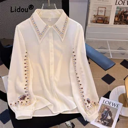 Fashion Color Block Embroidery Single-breasted Blouse Women Classic Lantern Sleeve a Peaked Collar Loose Korean Lady Shirt